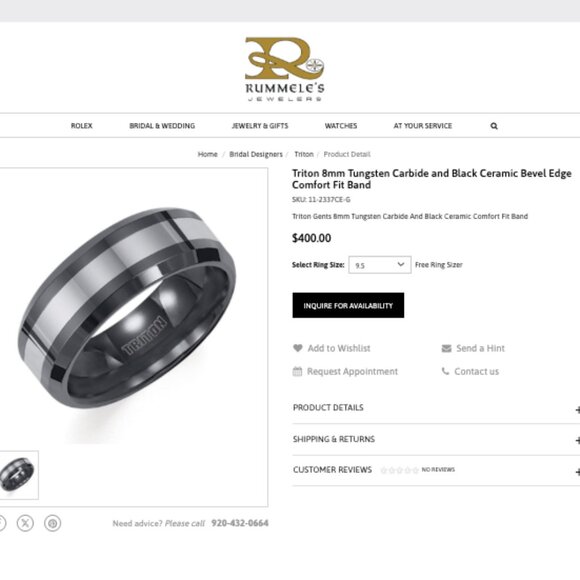 Triton 8mm Tungsten Carbide and Black Ceramic Bevel Edge Comfort Fit Band - Picture 1 of 6